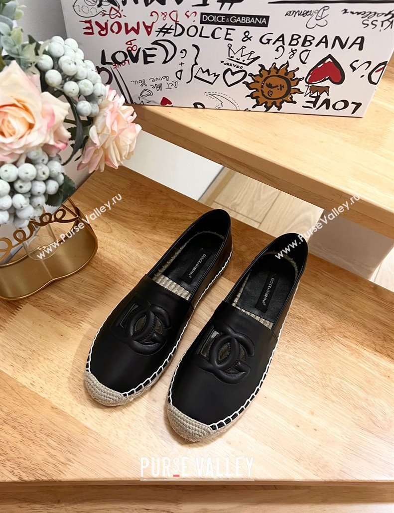 Dolce Gabbana DG Cutout Flat Espadrilles in Calfskin Black 2024 0604 (MD-240604138)