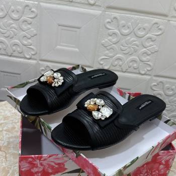 Dolce Gabbana Lizard Embossed Leather Flat Slide Sandals with Strass Bow Black 2024 (MD-240604144)