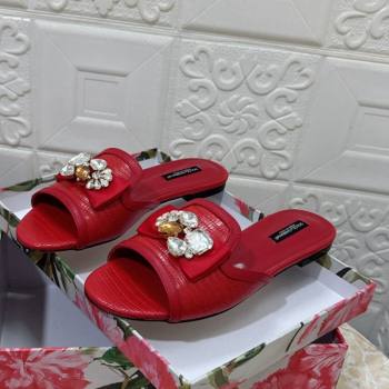 Dolce Gabbana Lizard Embossed Leather Flat Slide Sandals with Strass Bow Red 2024 (MD-240604145)