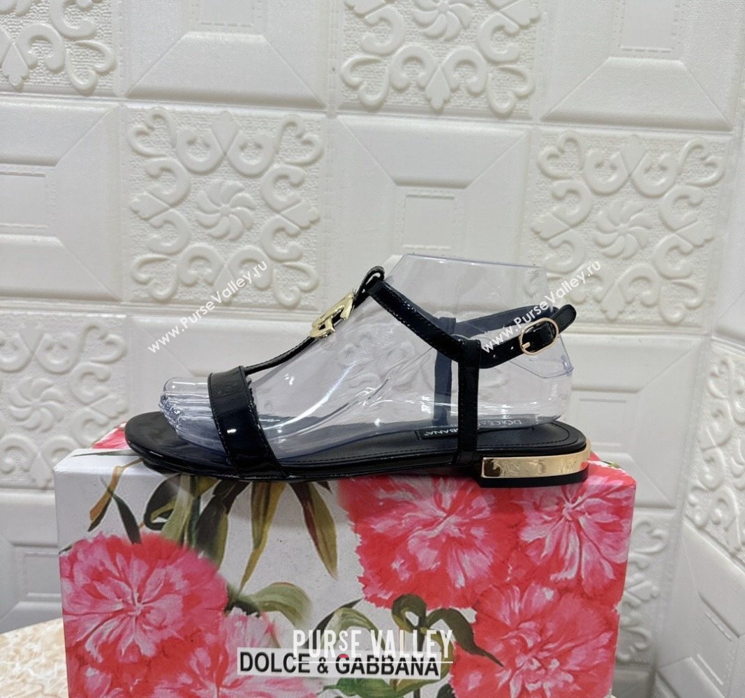 Dolce Gabbana DG Patent Calfskin Flat Sandals Black 2024 0604 (MD-240604149)