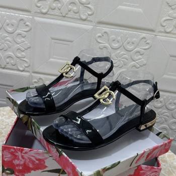 Dolce Gabbana DG Patent Calfskin Flat Sandals Black 2024 0604 (MD-240604149)