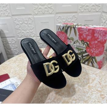 Dolce Gabbana DG Velvet Flat Slide Sandals Black 2024 0604 (MD-240604091)