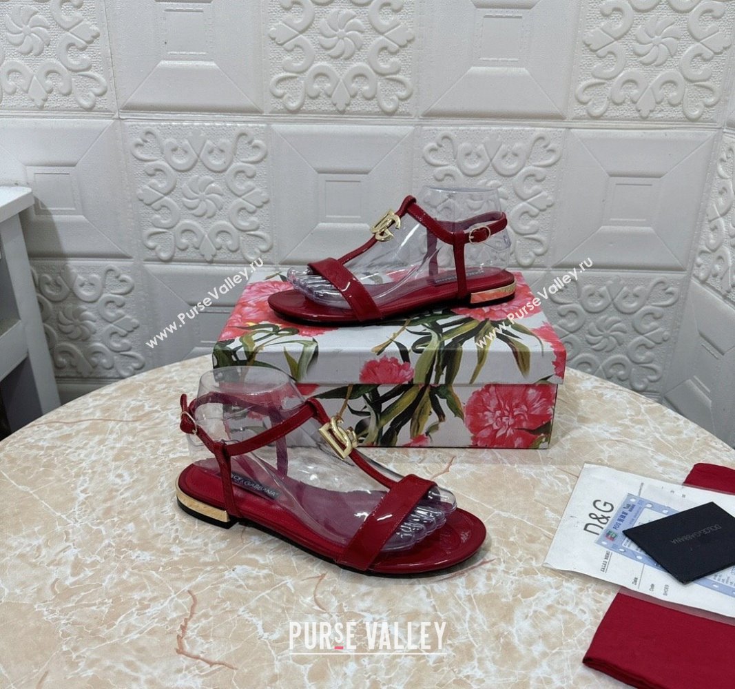 Dolce Gabbana DG Patent Calfskin Flat Sandals Red 2024 0604 (MD-240604150)