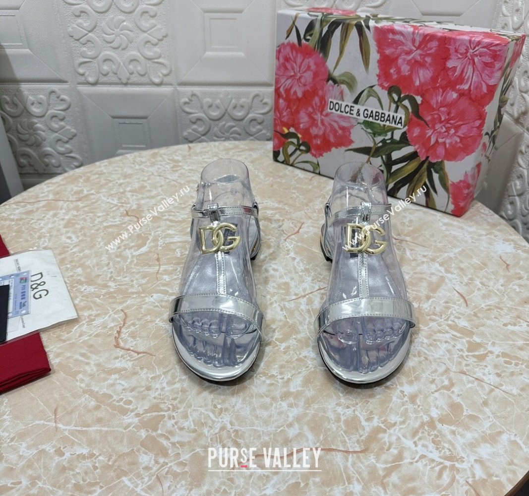 Dolce Gabbana DG Patent Calfskin Flat Sandals Silver 2024 0604 (MD-240604151)