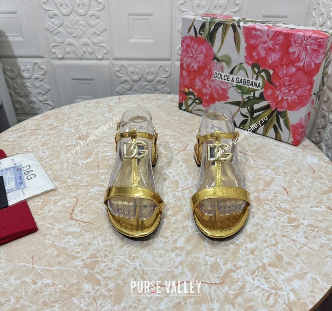 Dolce Gabbana DG Patent Calfskin Flat Sandals Gold 2024 0604 (MD-240604153)