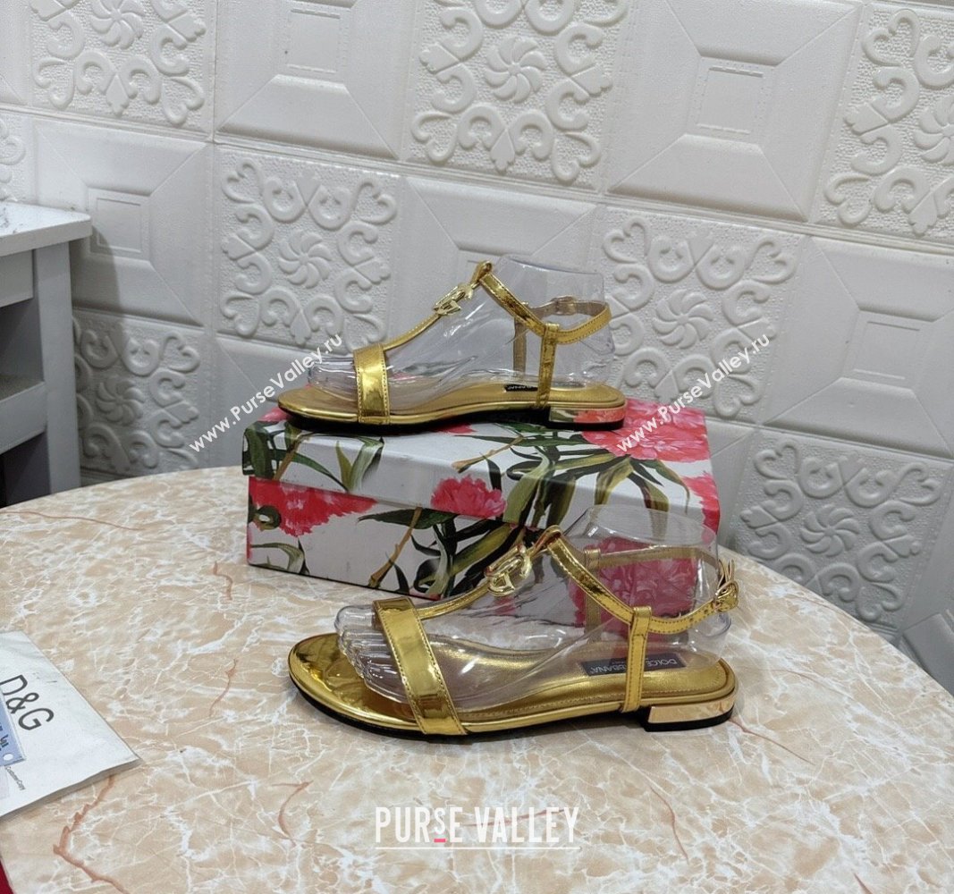 Dolce Gabbana DG Patent Calfskin Flat Sandals Gold 2024 0604 (MD-240604153)
