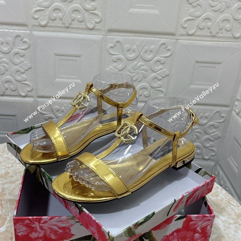 Dolce Gabbana DG Patent Calfskin Flat Sandals Gold 2024 0604 (MD-240604153)