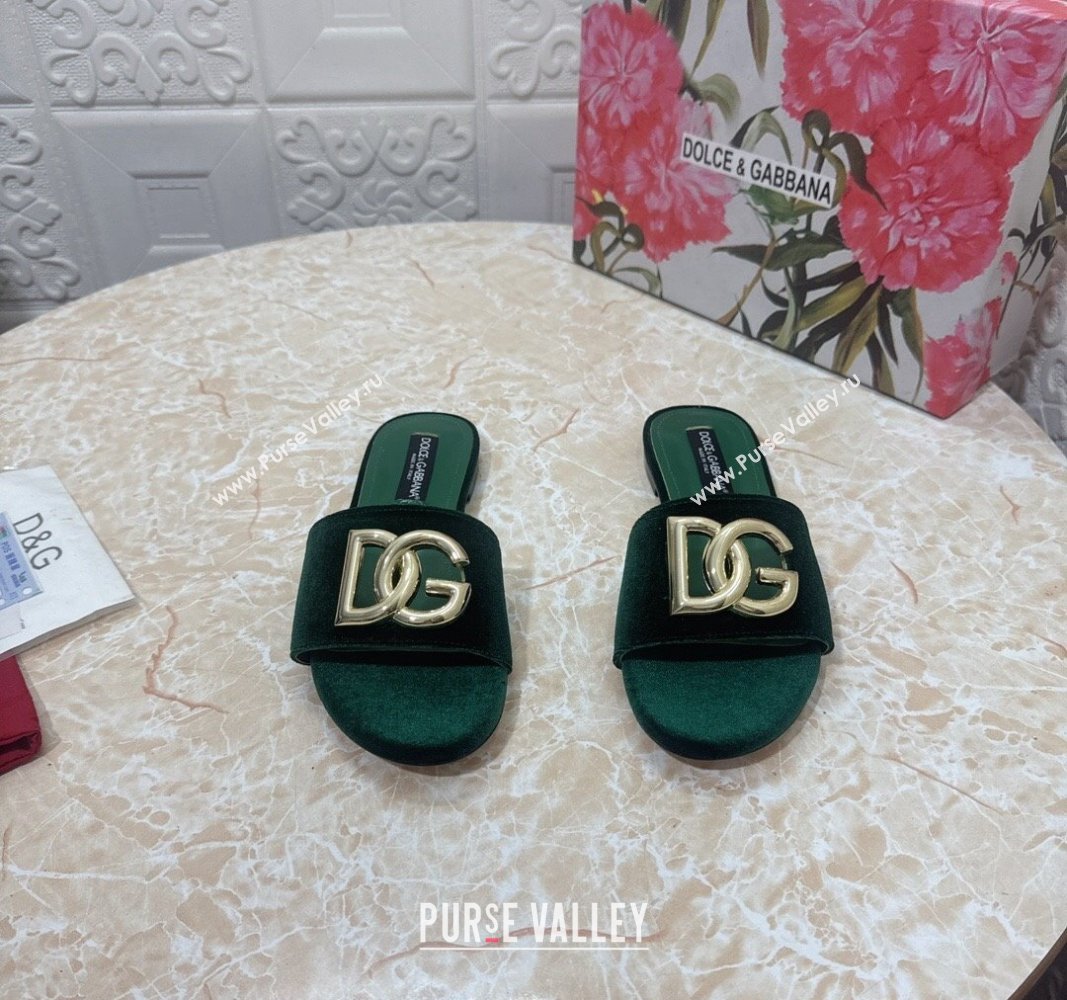 Dolce Gabbana DG Velvet Flat Slide Sandals Green 2024 0604 (MD-240604099)