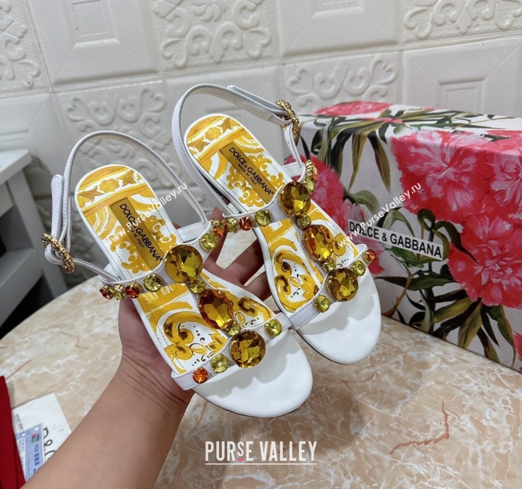 Dolce Gabbana DG Printed Calfskin Flat Slides Sandal with Strass White 2024 0813 (MD-240813006)