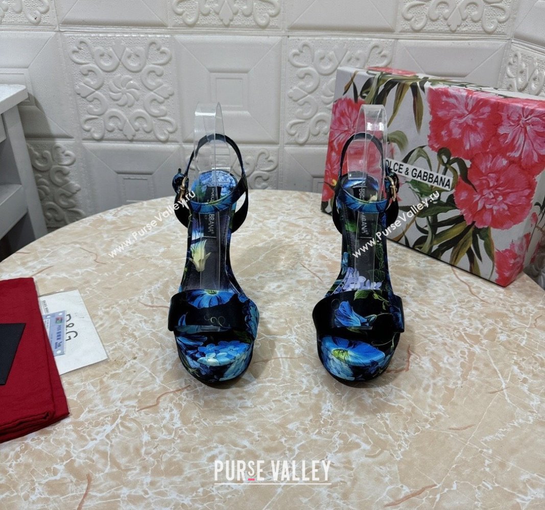 Dolce Gabbana DG Printed Satin High Heel Platform Sandals 13.5cm Black/Blue 2024 0813 (MD-240813007)