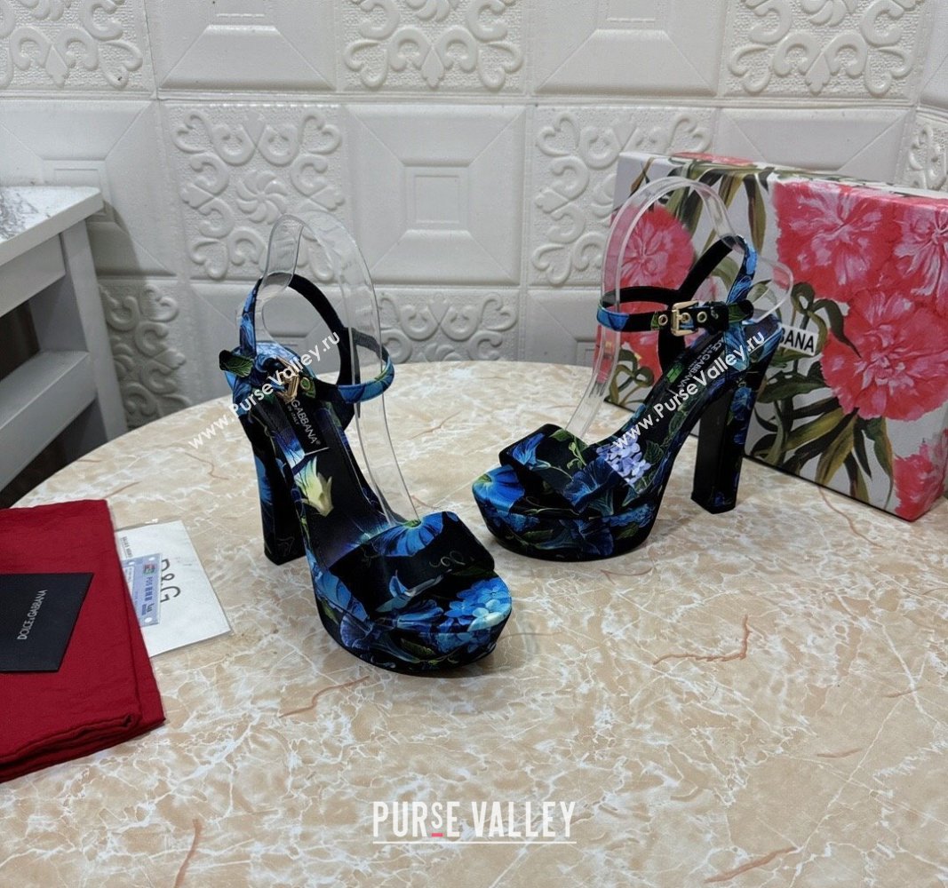 Dolce Gabbana DG Printed Satin High Heel Platform Sandals 13.5cm Black/Blue 2024 0813 (MD-240813007)