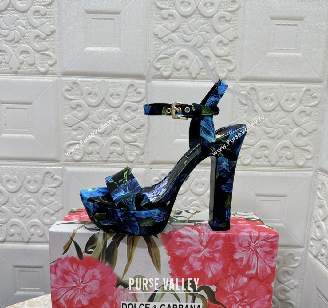 Dolce Gabbana DG Printed Satin High Heel Platform Sandals 13.5cm Black/Blue 2024 0813 (MD-240813007)