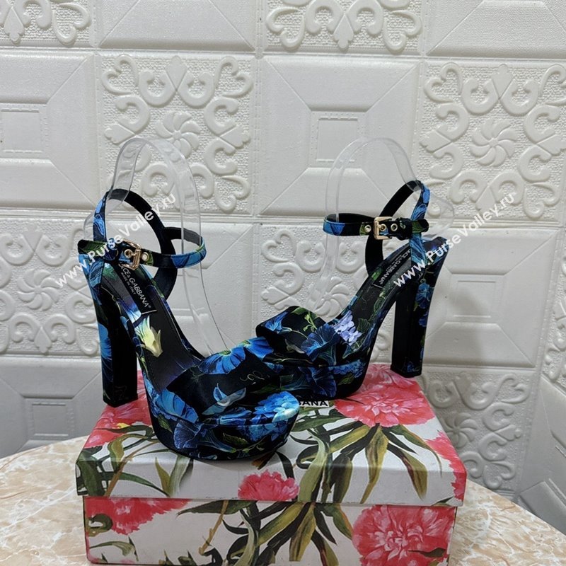 Dolce Gabbana DG Printed Satin High Heel Platform Sandals 13.5cm Black/Blue 2024 0813 (MD-240813007)