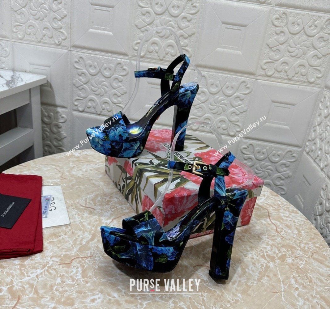 Dolce Gabbana DG Printed Satin High Heel Platform Sandals 13.5cm Black/Blue 2024 0813 (MD-240813007)