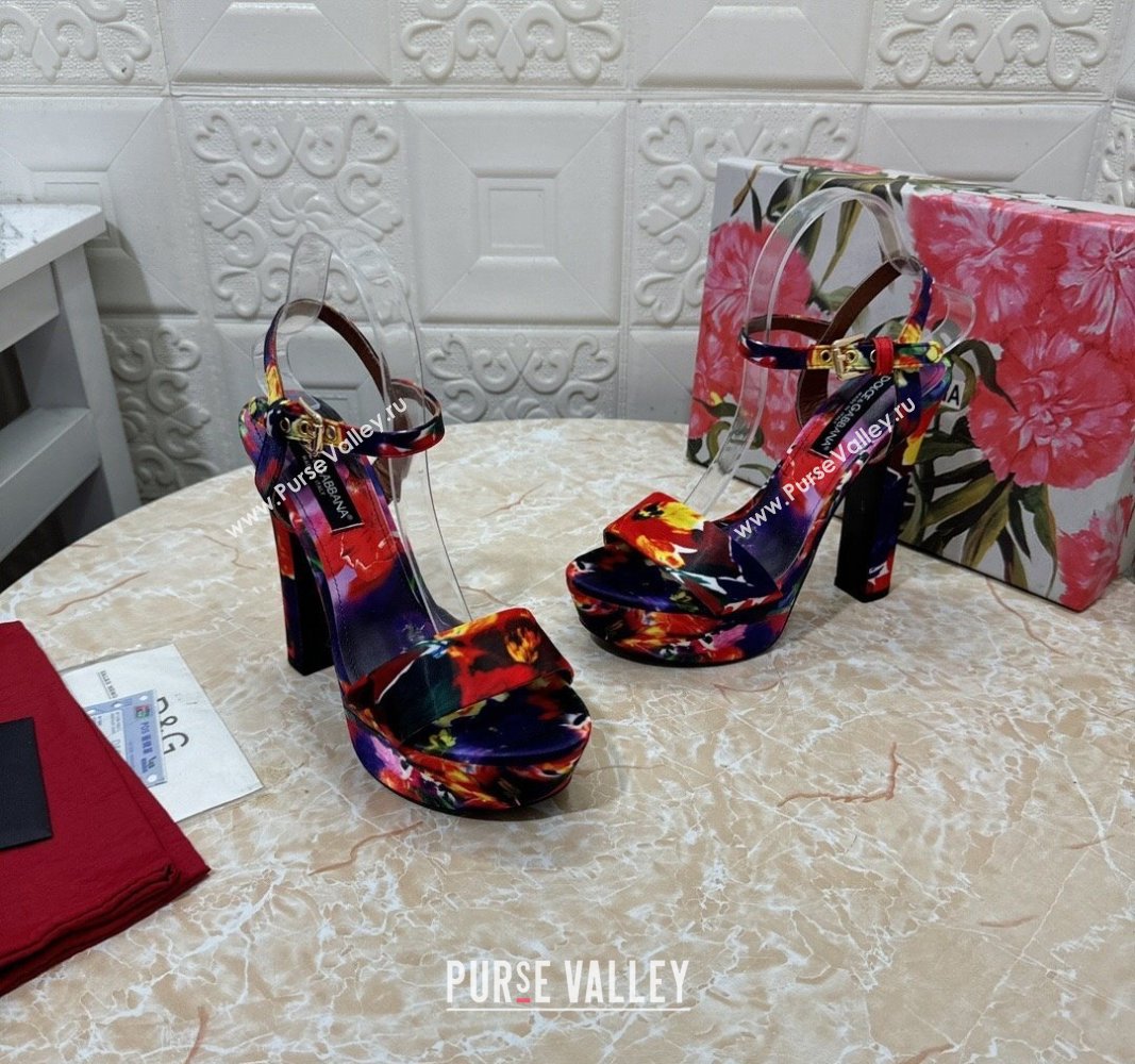 Dolce Gabbana DG Printed Satin High Heel Platform Sandals 13.5cm Purple/Red 2024 0813 (MD-240813008)