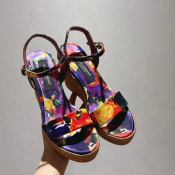 Dolce Gabbana Printed Wedge Sandals 10cm Purple 2025 0604 (MD-250604135)