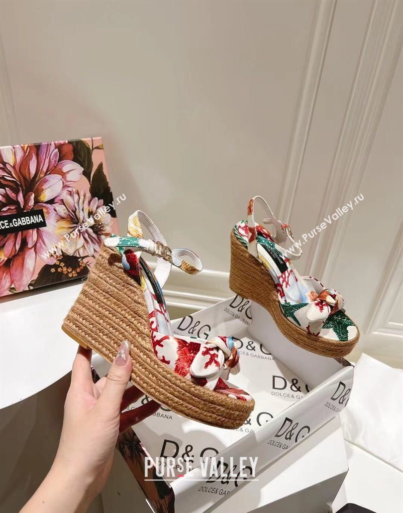 Dolce Gabbana Printed Fabric Wedge Sandals 10cm with Bow White 2025 0604 (MD-250604138)