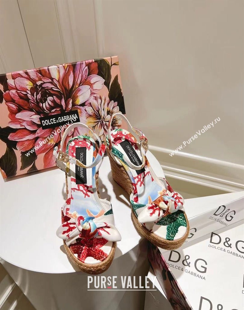 Dolce Gabbana Printed Fabric Wedge Sandals 10cm with Bow White 2025 0604 (MD-250604138)