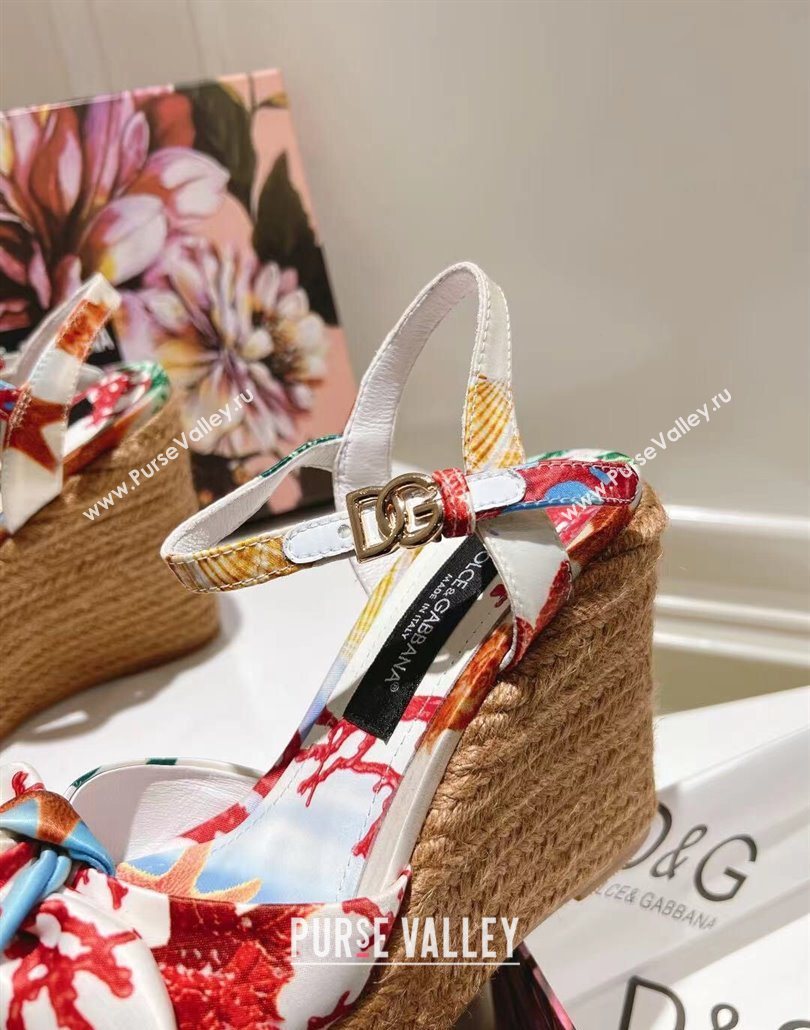 Dolce Gabbana Printed Fabric Wedge Sandals 10cm with Bow White 2025 0604 (MD-250604138)