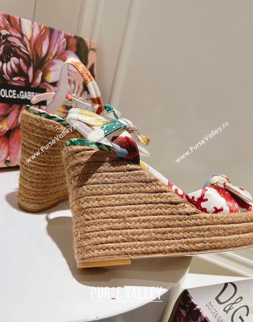 Dolce Gabbana Printed Fabric Wedge Sandals 10cm with Bow White 2025 0604 (MD-250604138)