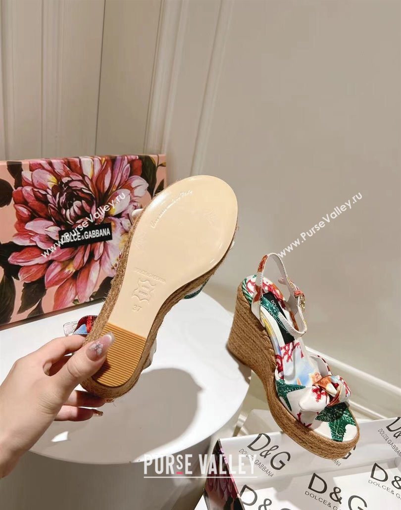 Dolce Gabbana Printed Fabric Wedge Sandals 10cm with Bow White 2025 0604 (MD-250604138)