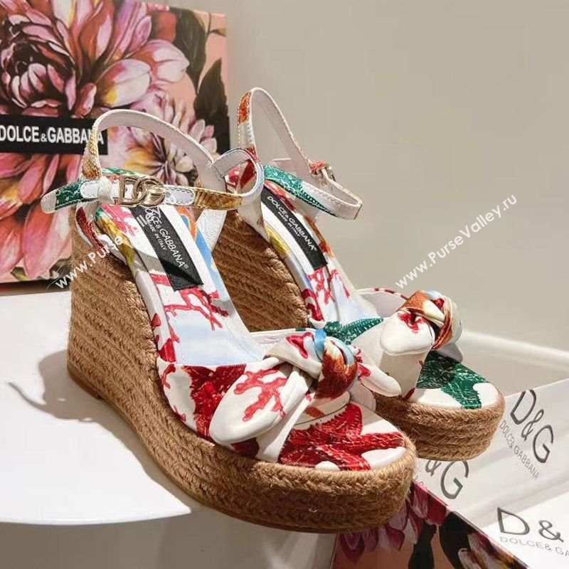 Dolce Gabbana Printed Fabric Wedge Sandals 10cm with Bow White 2025 0604 (MD-250604138)
