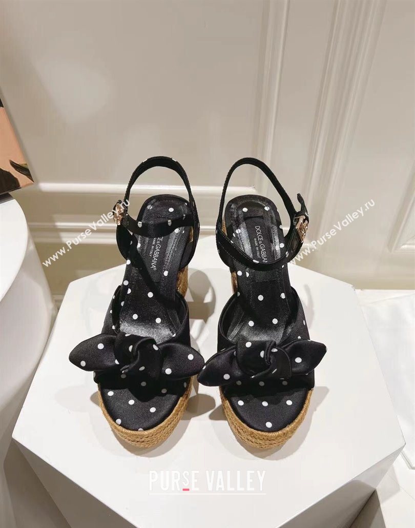 Dolce Gabbana Dotted Fabric Wedge Sandals 10cm with Bow Black 2025 0604 (MD-250604139)