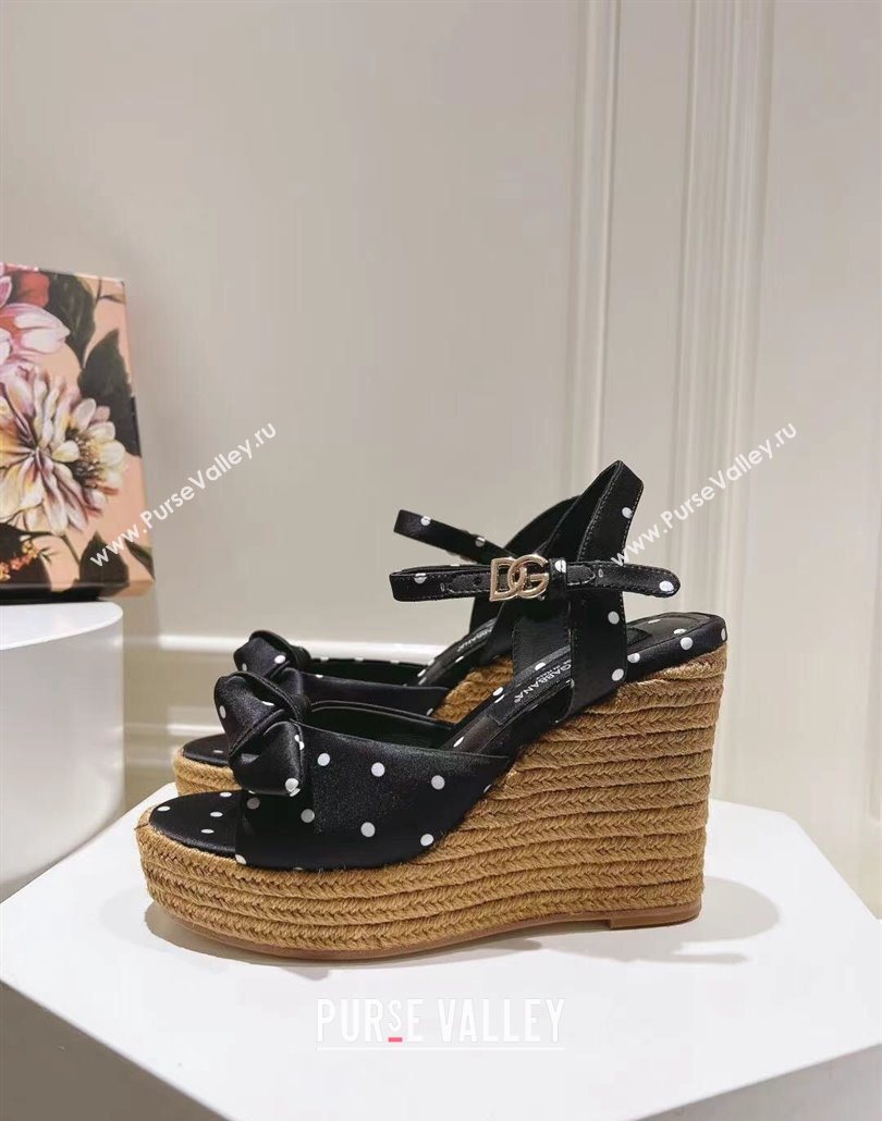 Dolce Gabbana Dotted Fabric Wedge Sandals 10cm with Bow Black 2025 0604 (MD-250604139)