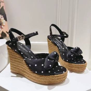 Dolce Gabbana Dotted Fabric Wedge Sandals 10cm with Bow Black 2025 0604 (MD-250604139)