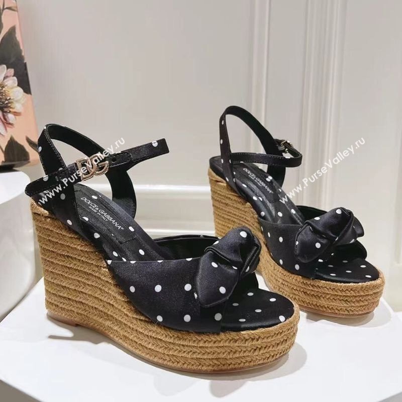 Dolce Gabbana Dotted Fabric Wedge Sandals 10cm with Bow Black 2025 0604 (MD-250604139)