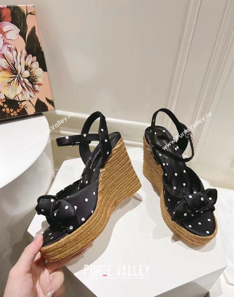 Dolce Gabbana Dotted Fabric Wedge Sandals 10cm with Bow Black 2025 0604 (MD-250604139)