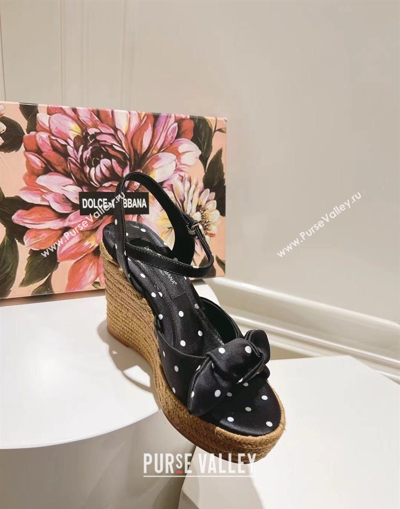 Dolce Gabbana Dotted Fabric Wedge Sandals 10cm with Bow Black 2025 0604 (MD-250604139)