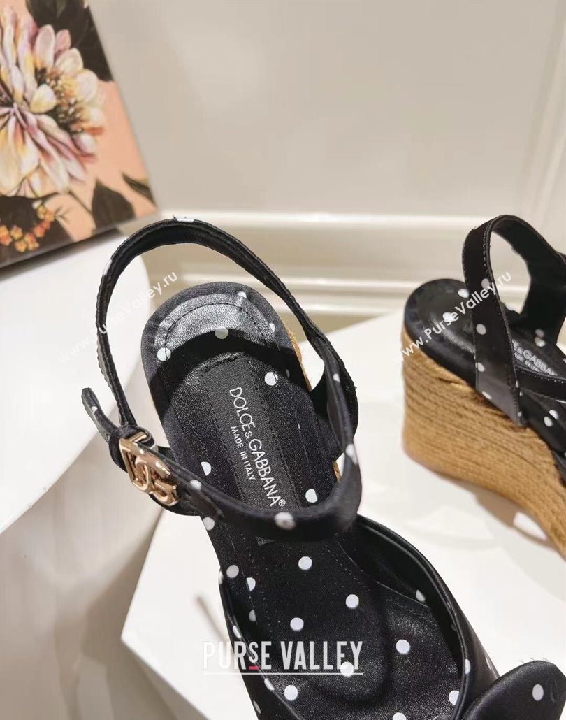 Dolce Gabbana Dotted Fabric Wedge Sandals 10cm with Bow Black 2025 0604 (MD-250604139)