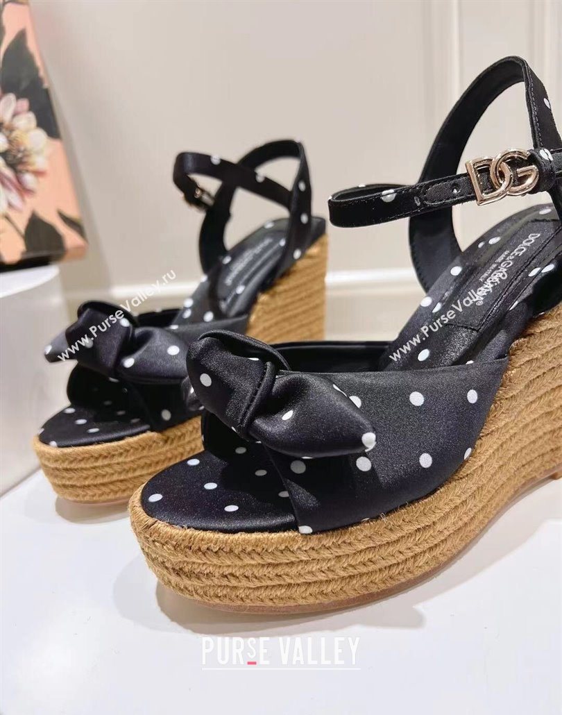 Dolce Gabbana Dotted Fabric Wedge Sandals 10cm with Bow Black 2025 0604 (MD-250604139)