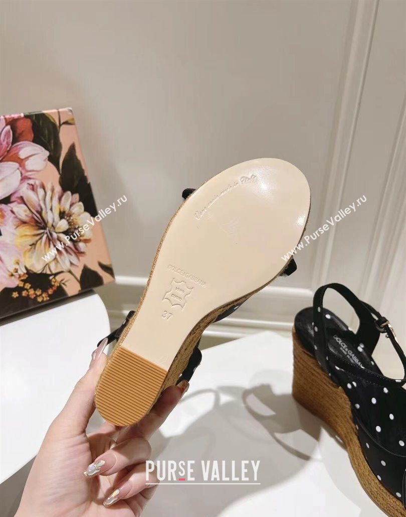 Dolce Gabbana Dotted Fabric Wedge Sandals 10cm with Bow Black 2025 0604 (MD-250604139)