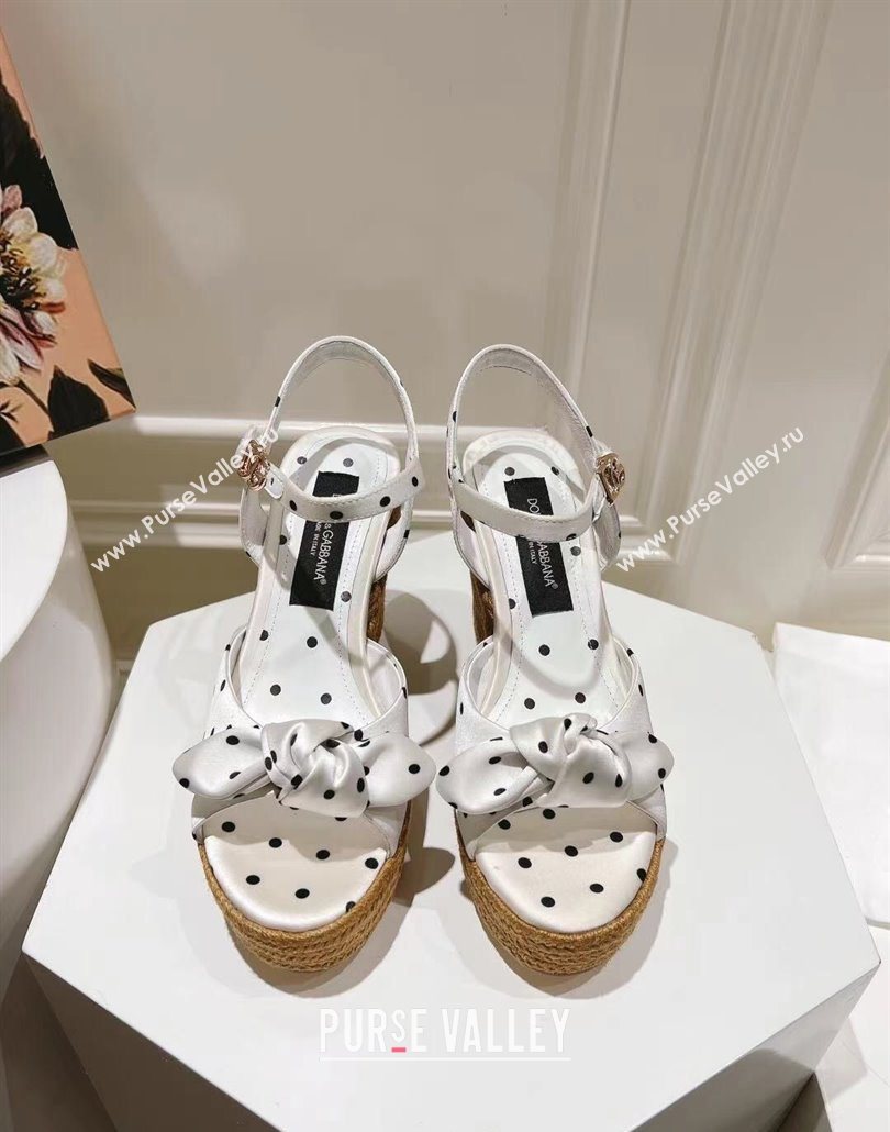 Dolce Gabbana Dotted Fabric Wedge Sandals 10cm with Bow White 2025 0604 (MD-250604140)