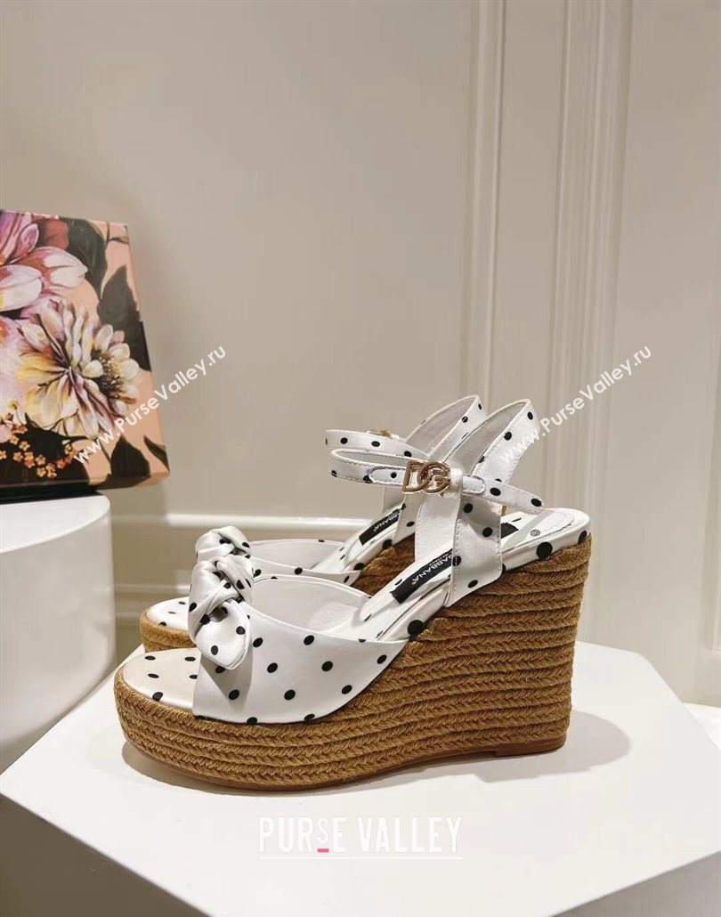 Dolce Gabbana Dotted Fabric Wedge Sandals 10cm with Bow White 2025 0604 (MD-250604140)
