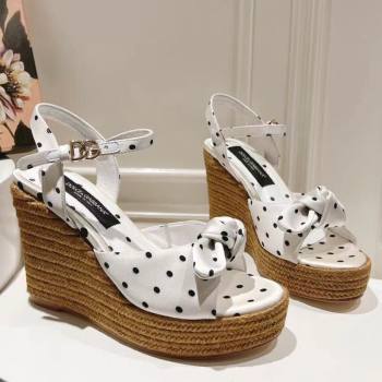Dolce Gabbana Dotted Fabric Wedge Sandals 10cm with Bow White 2025 0604 (MD-250604140)