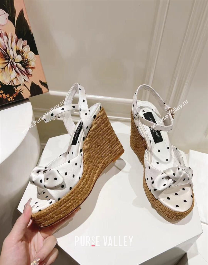 Dolce Gabbana Dotted Fabric Wedge Sandals 10cm with Bow White 2025 0604 (MD-250604140)
