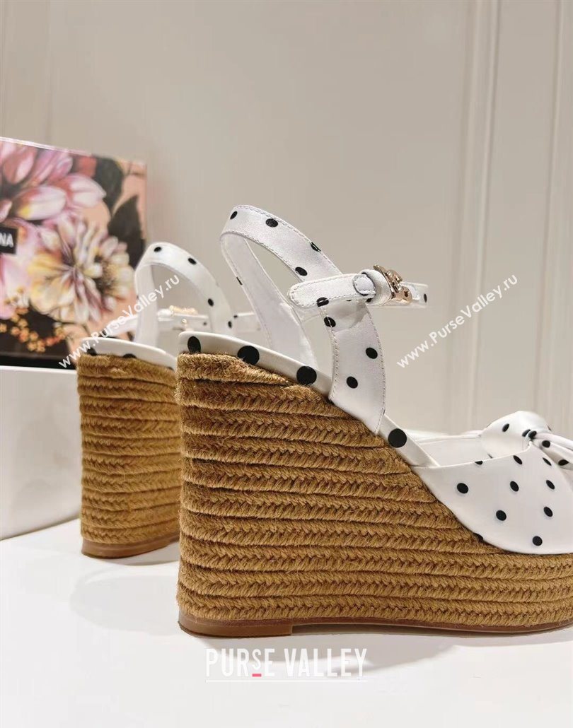 Dolce Gabbana Dotted Fabric Wedge Sandals 10cm with Bow White 2025 0604 (MD-250604140)