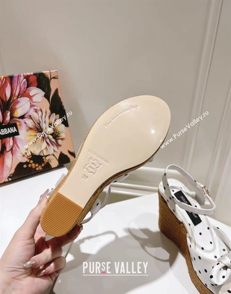 Dolce Gabbana Dotted Fabric Wedge Sandals 10cm with Bow White 2025 0604 (MD-250604140)