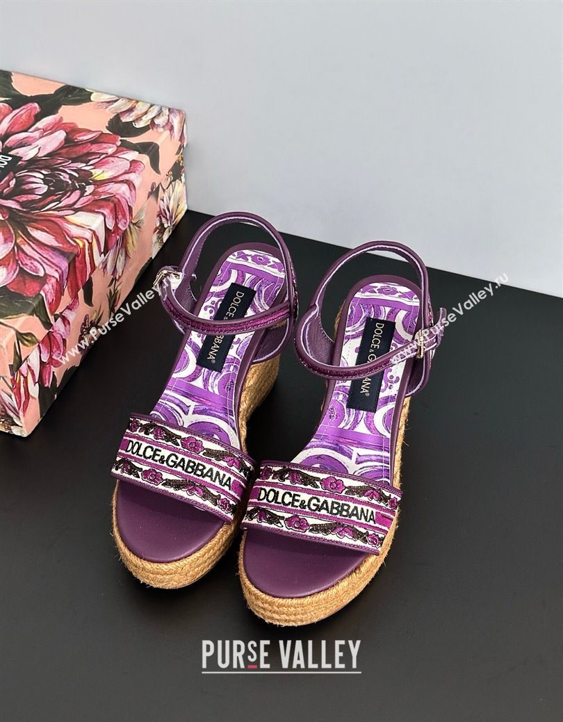 Dolce Gabbana Wedge Sandals 9cm in Majolica Embroidery Purple 2025 (MD-250825134)