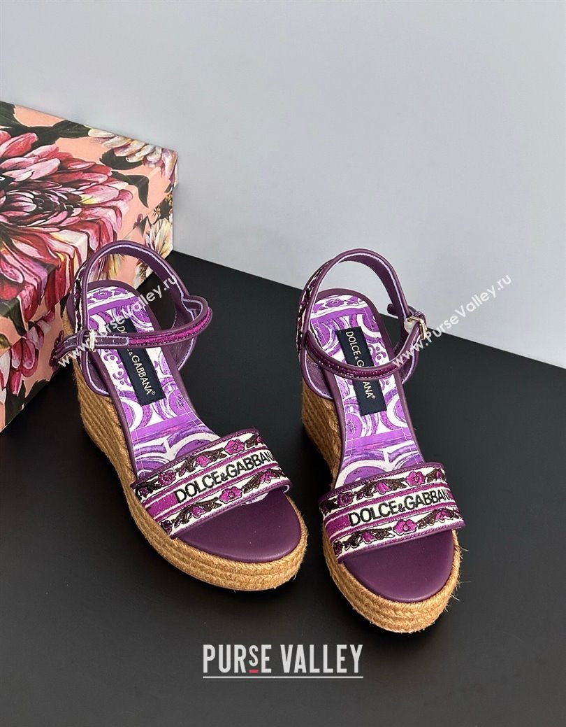 Dolce Gabbana Wedge Sandals 9cm in Majolica Embroidery Purple 2025 (MD-250825134)