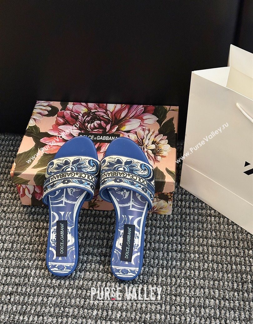 Dolce Gabbana Flat Sliders Sandal in Majolica Embroidery Blue 2025 0825 (MD-250825140)