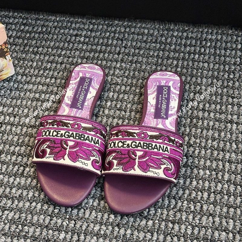 Dolce Gabbana Flat Sliders Sandal in Majolica Embroidery Purple 2025 0825 (MD-250825141)