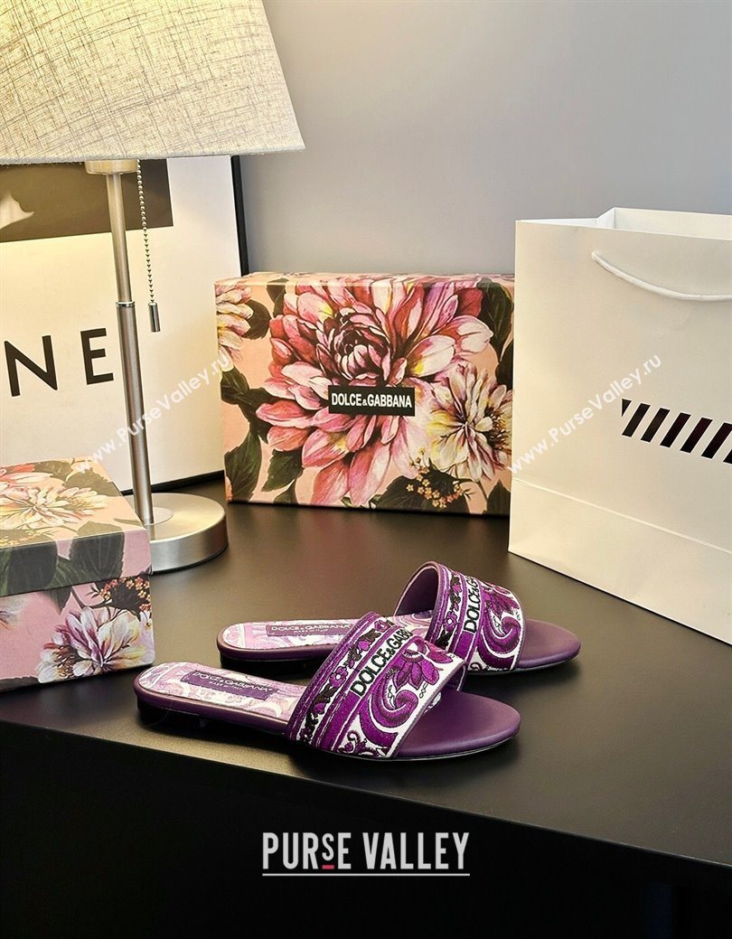 Dolce Gabbana Flat Sliders Sandal in Majolica Embroidery Purple 2025 0825 (MD-250825141)