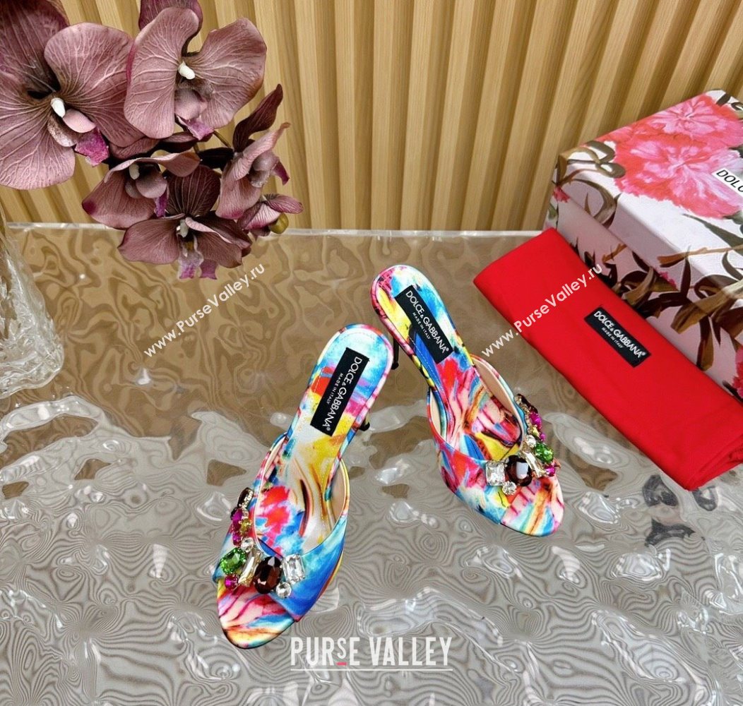 Dolce Gabbana Printed Satin Heel Slides Sandal 10cm with Strass Stones Multicolor/Blue 2025 DG121102 (MD-251211077)