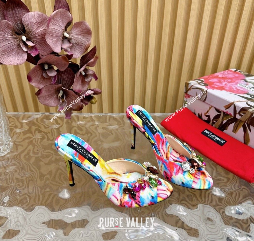 Dolce Gabbana Printed Satin Heel Slides Sandal 10cm with Strass Stones Multicolor/Blue 2025 DG121102 (MD-251211077)
