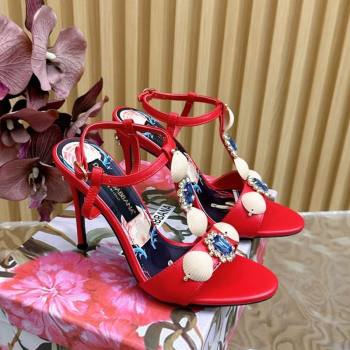 Dolce Gabbana Calfskin Leather Heel Sandals 10.5cm with Stones and Shell Red 2025 (MD-251211068)