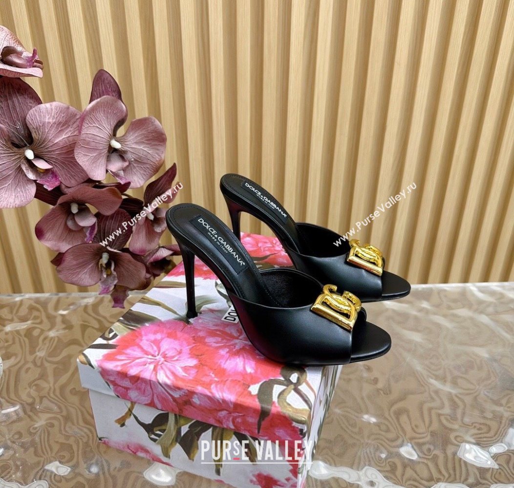Dolce Gabbana Calfskin Leather Heel Slides Sandal 10cm with DG Logo Black 2025 DG121103 (MD-251211079)